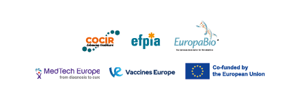Logos of six organizations: COCIR, EFPIA, EuropaBio, MedTech Europe, Vaccines Europe, and the European Union with the text "Co-funded by the European Union.