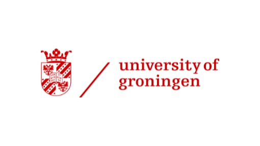 The University of Groningen logo features a red crest with a crown and a diagonal stripe, next to the text "university of groningen" in lowercase red letters.