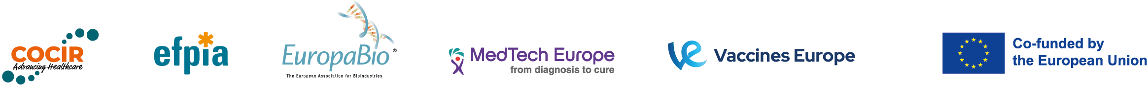 A row of six logos, including COCIR, EFPIA, EuropaBio, MedTech Europe, Vaccines Europe, and the European Union "Co-funded by the European Union" emblem.