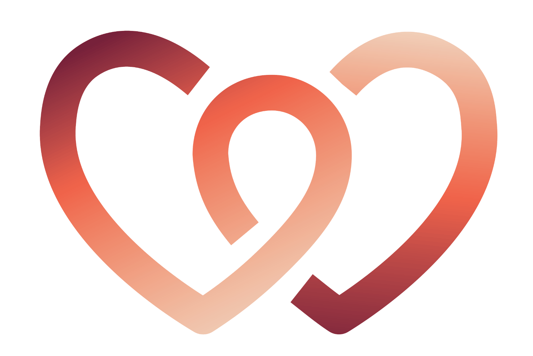 Two overlapping heart shapes in a gradient of red to peach tones, forming a symmetrical, intertwined design on a transparent background.