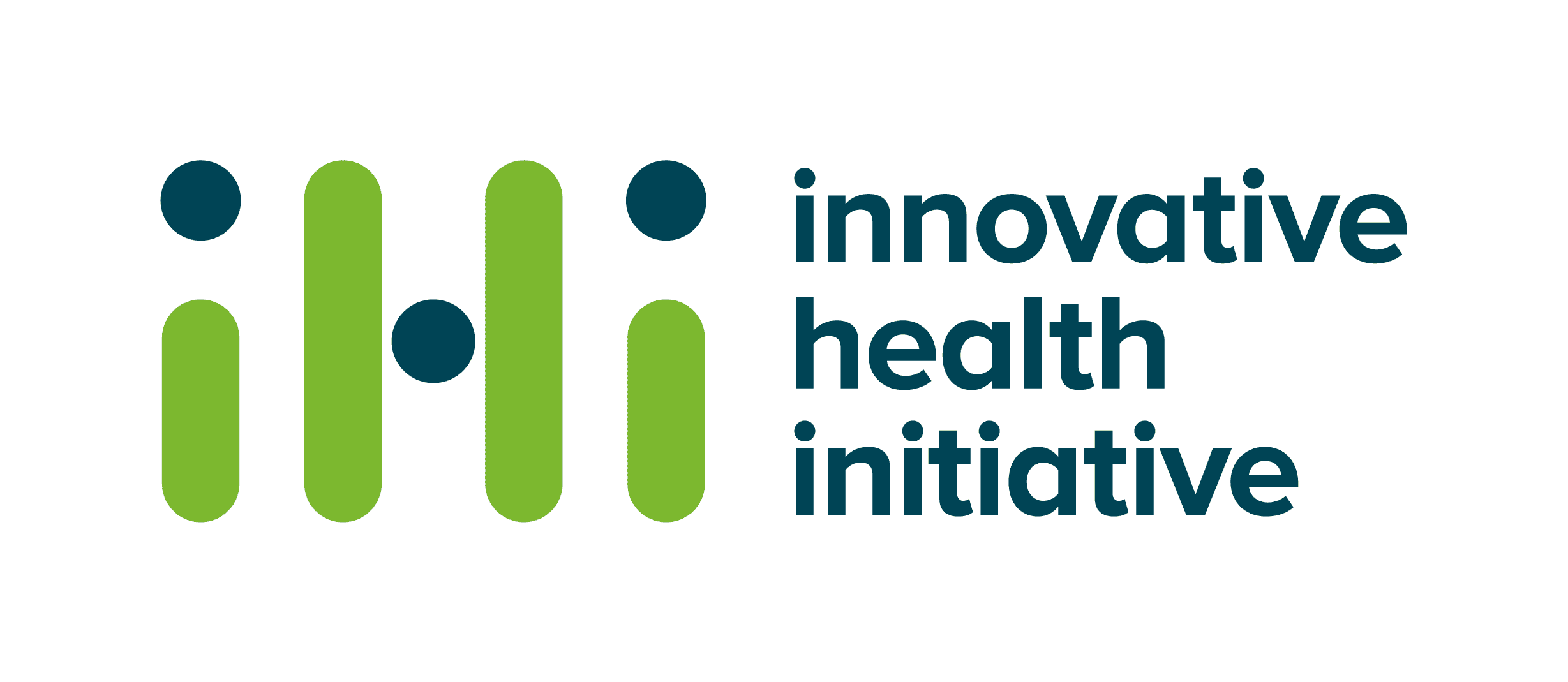 Logo of the Innovative Health Initiative with stylized green bars and circles forming the abbreviation "IHI" next to the initiative's name in blue text.